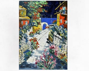 Pintura al óleo sobre lienzo de la costa de Amalfi, originale paesaggio marino italiano della Costiera Amalfitana. Espátula/espátula.70 x 50 cm(27"x19")