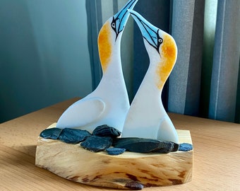 Beautiful Gannet pair on wood base, fused glass ornament, Seabirds, Nature lover gift