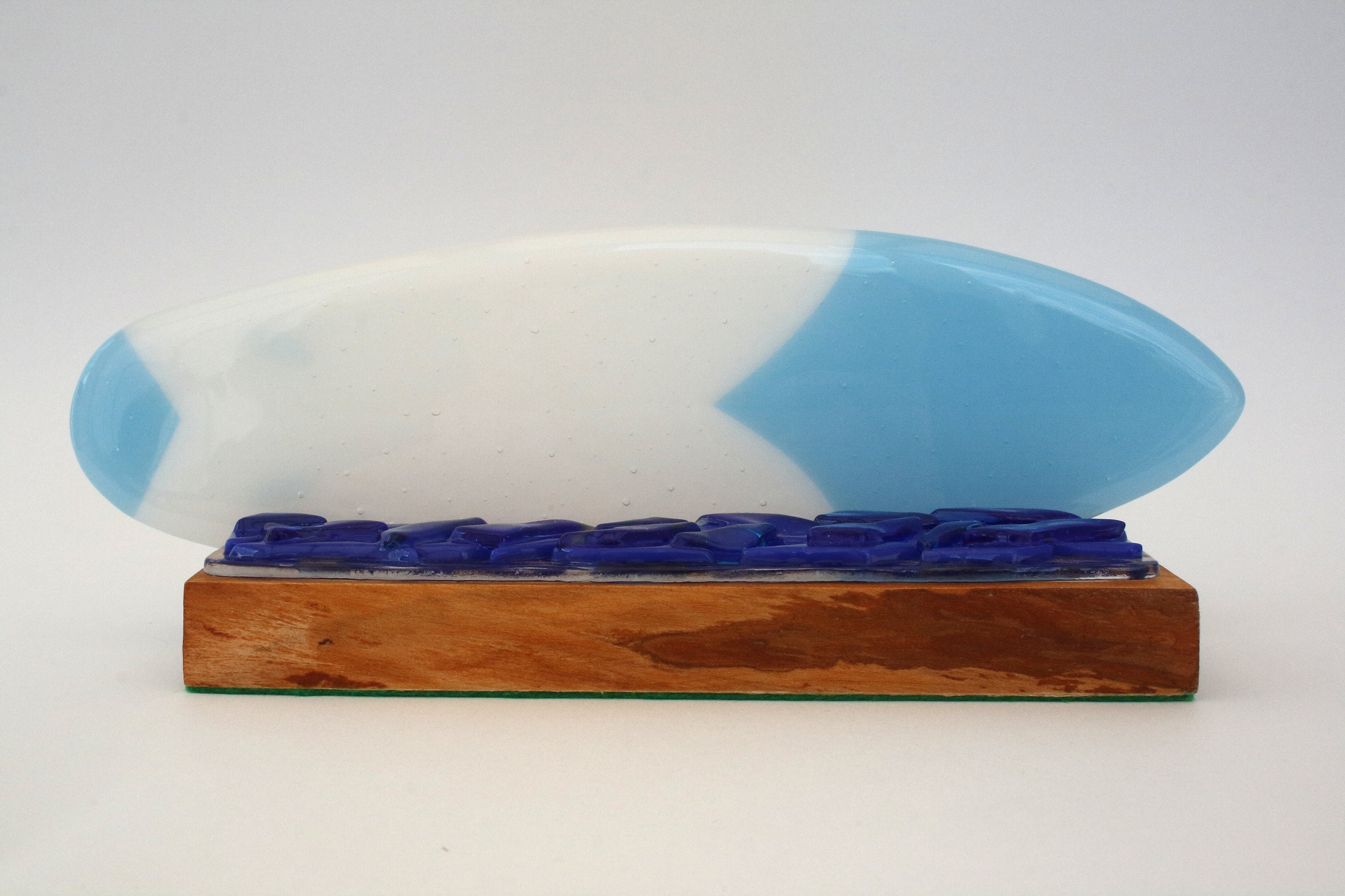 Glass Surfboard with waves on wooden base unique fused glass Etsy