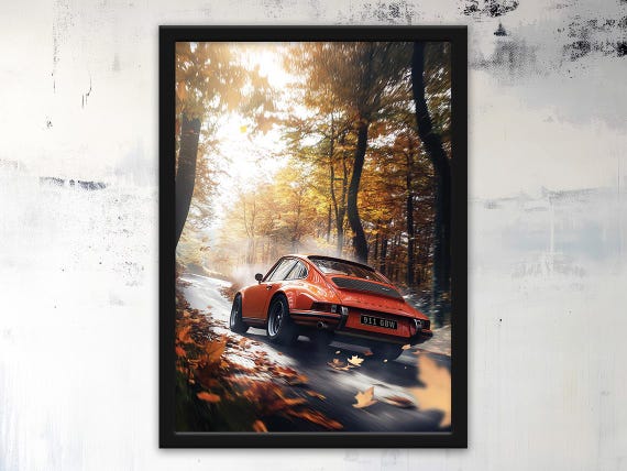 Porsche 911 Digital Art, Autumn Road Scene, Digital Car Print