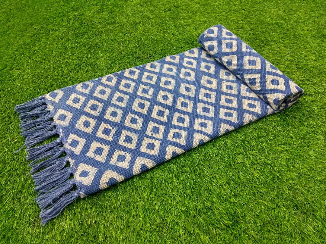 2x3 Ft Indian Cotton Rug/ Handmade Floor Mat/ Geometric Indigo Carpet
