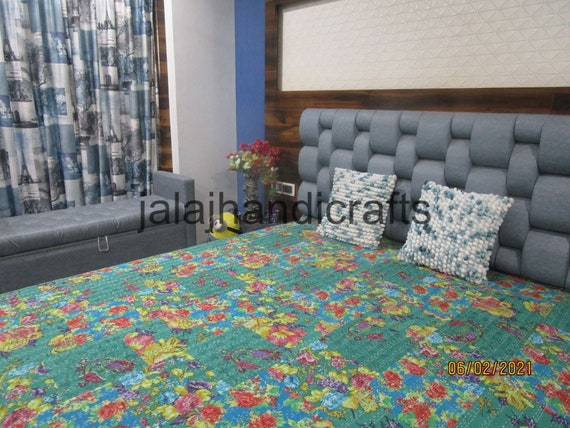 Details about   New Quilt Pure Cotton Handmade Flower Printed Bedspread Blanket Sanganeri Kantha 