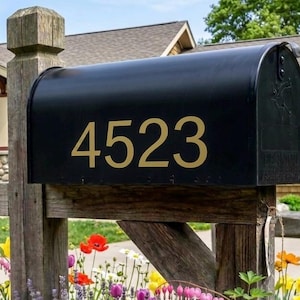 May include: A black metal mailbox mounted on a weathered wooden post, featuring the house number 4523 in gold lettering on the side. The mailbox is positioned in front of a garden bed filled with colorful tulips and other spring flowers.