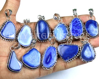 Mix Shapes /& Size Blue Slice Agate Pendants Natural Blue Slice Agate Gemstone Pendants 25 PCs ! Blue Slice Agate Silver Plated Pendant