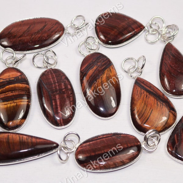 Natural Red Tiger Eye Pendant, Tiger Eye Gemstone Bezel Pendant, Connector Pendant 925 Silver Plated Gemstone Jewelry