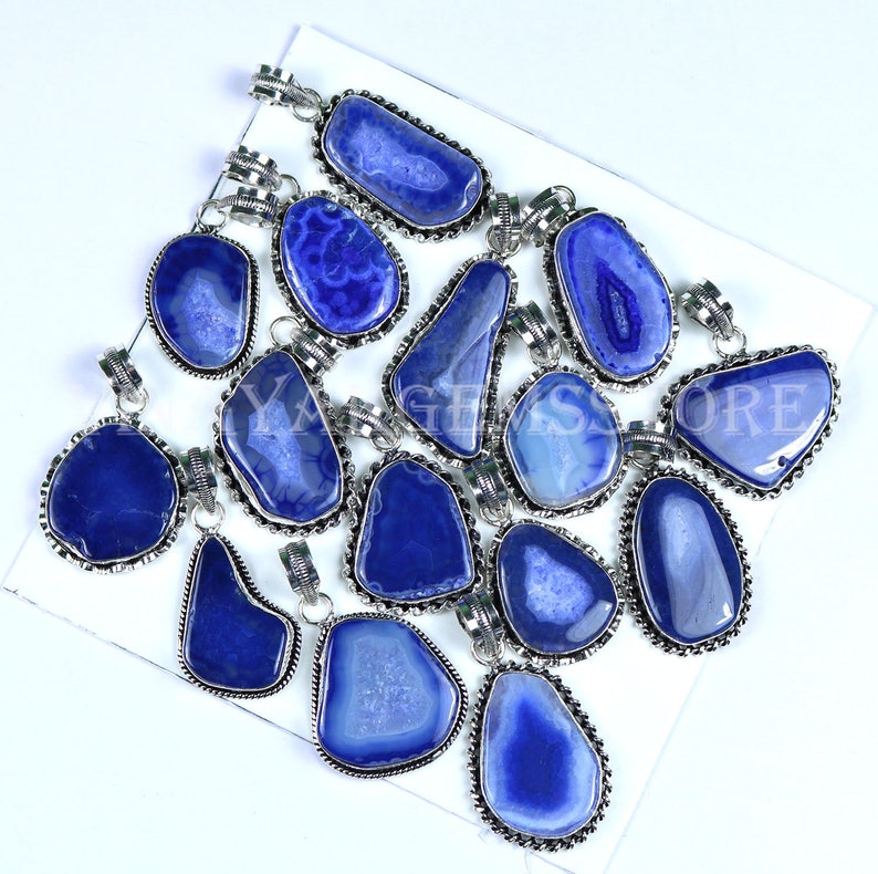 Mix Shapes /& Size Blue Slice Agate Pendants Natural Blue Slice Agate Gemstone Pendants 25 PCs ! Blue Slice Agate Silver Plated Pendant