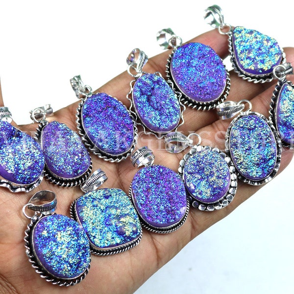 Wholesale !! Natural Purple Coated Druzy Gemstone Pendants, Druzy Pendant Lot, Silver Plated Pendant, Mix Shapes & Size Pendants Jewelry