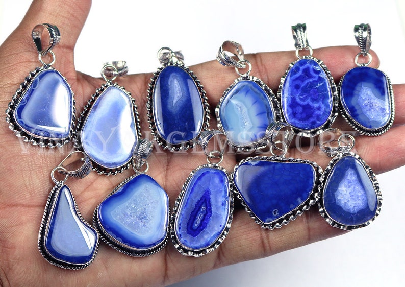 Mix Shapes /& Size Blue Slice Agate Pendants Natural Blue Slice Agate Gemstone Pendants 25 PCs ! Blue Slice Agate Silver Plated Pendant