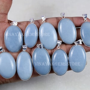 Wholesale !! Natural Angelite Gemstone Bezel Pendants,Angelite Bezel Pendant Lot, Silver Plated, Mix Shapes & Size Pendants
