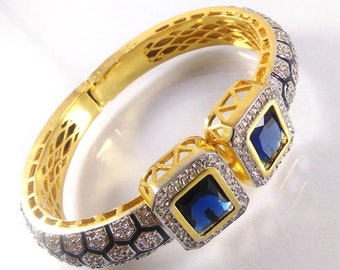 Beautiful Cuff Bangle Bracelet, Gold Plated Bollywood Jewelry, London Blue Topaz, CZ Gemstone Cuff Bangle Bracelet, Indian Jewelry