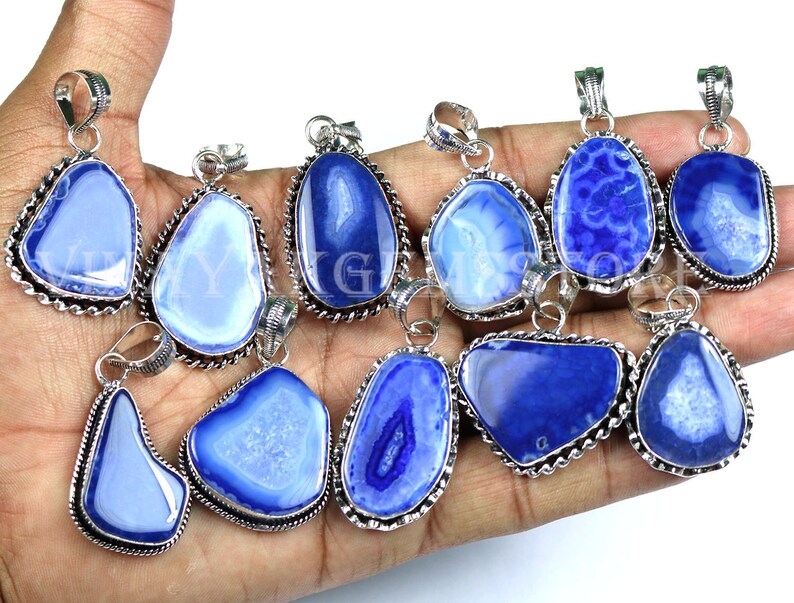 Mix Shapes /& Size Blue Slice Agate Pendants Natural Blue Slice Agate Gemstone Pendants 25 PCs ! Blue Slice Agate Silver Plated Pendant