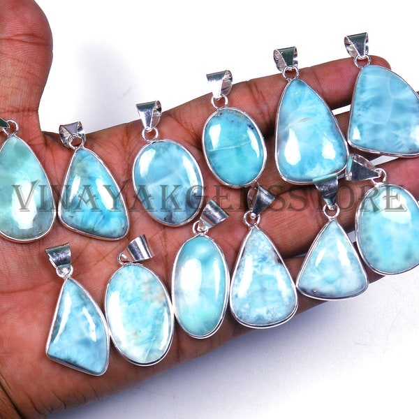 Wholesale Price !! Natural AAA Larimar Gemstone 925 Solid Silver Bezel Pendants Lot, Blue Larimar 925 Sterling Silver Bezel Pendants Jewelry