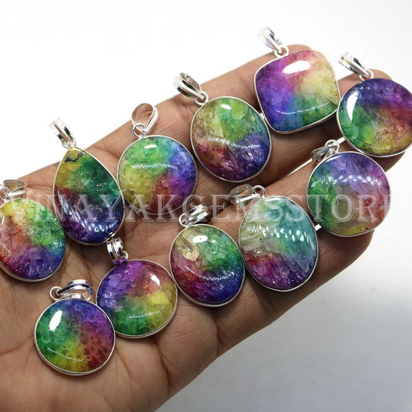 Wholesale Lot !! Natural Rainbow Solar Quartz Pendants, Multi Solar Quartz Gemstone Bezel Pendants, Silver Plated Pendants, Multi Pendants