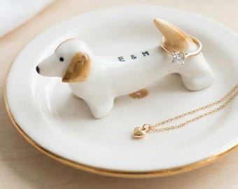 Porta-anéis personalizado para Dachshund: Prato de porcelana feito à mão para joias