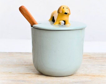 Dachshund Salt Cellar - Handmade Porcelain Salt/Sugar Bowl, Dog-Themed Kitchen Decor,dackel,Gift for Cooks & Dog Lovers, Salt Bowl Lid spoon