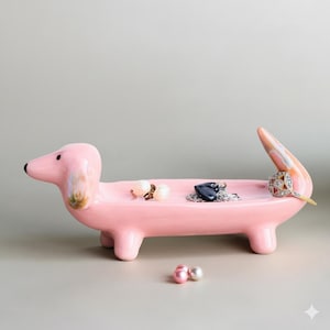 Porta-anéis de porcelana rosa para Dachshund: presente para cachorro Weenie, amor por Doxie Dachshund pinkdog