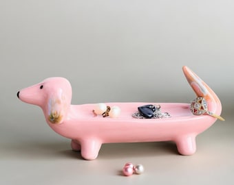 Porta-anéis de porcelana rosa para Dachshund: presente para cachorro Weenie, amor por Doxie Dachshund
