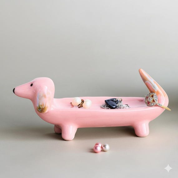 Pink Porcelain Dachshund Ring Holder: Weenie Dog Gift, Doxie Dachshund Love