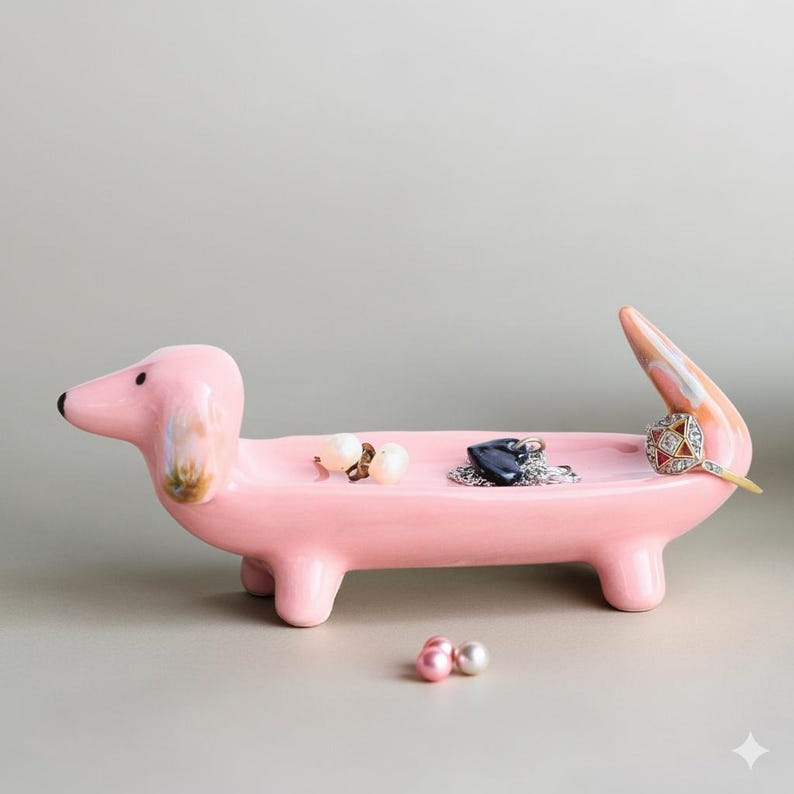 Porta-anéis de porcelana rosa para Dachshund: presente para cachorro Weenie, amor por Doxie Dachshund pinkdog