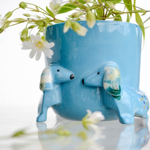 Dachshund Flower Pot, Ceramic Dog Planter, Succulent Vase
