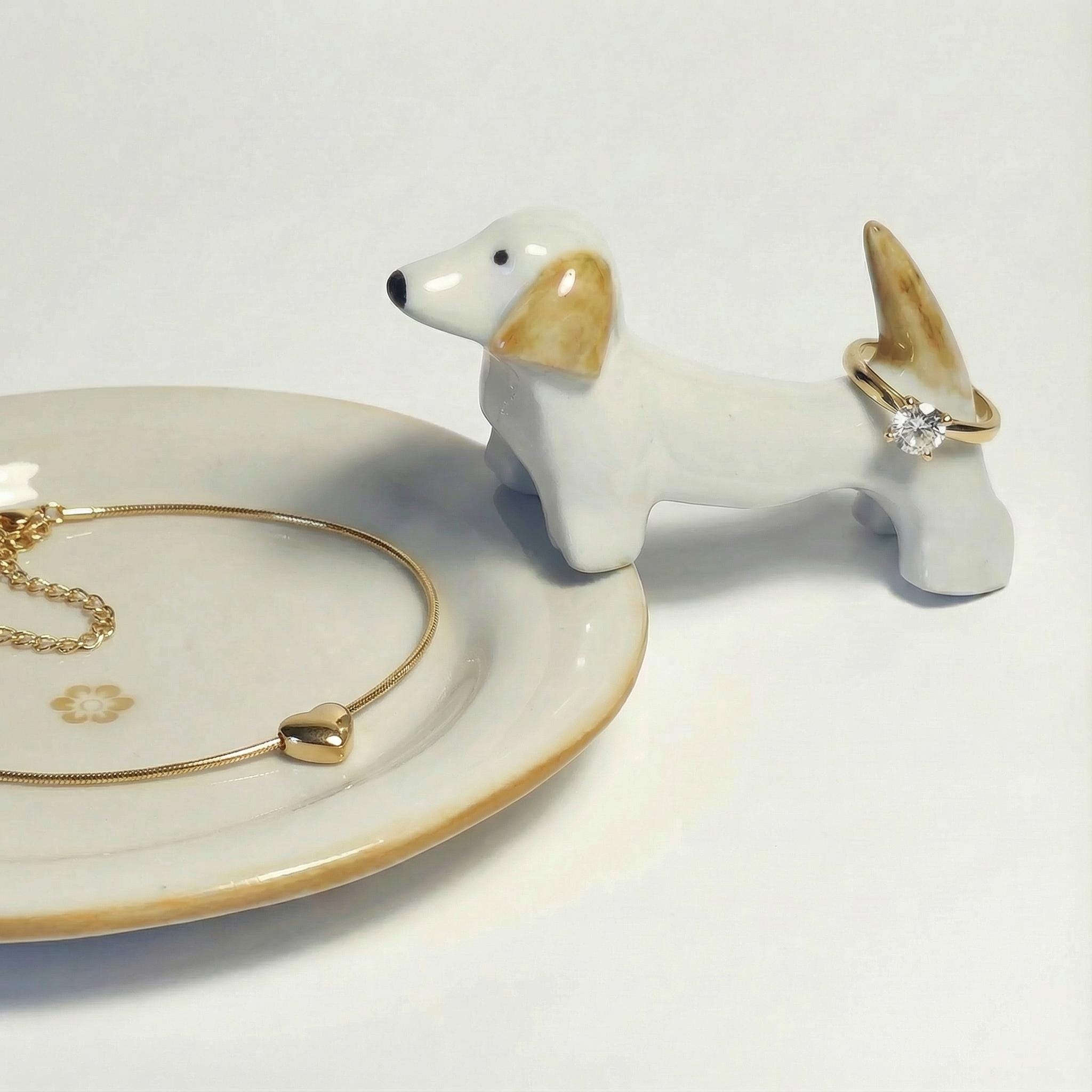 Porcelain Dachshund Ring Holder, Blue Grey Sausage Dog Figurine
