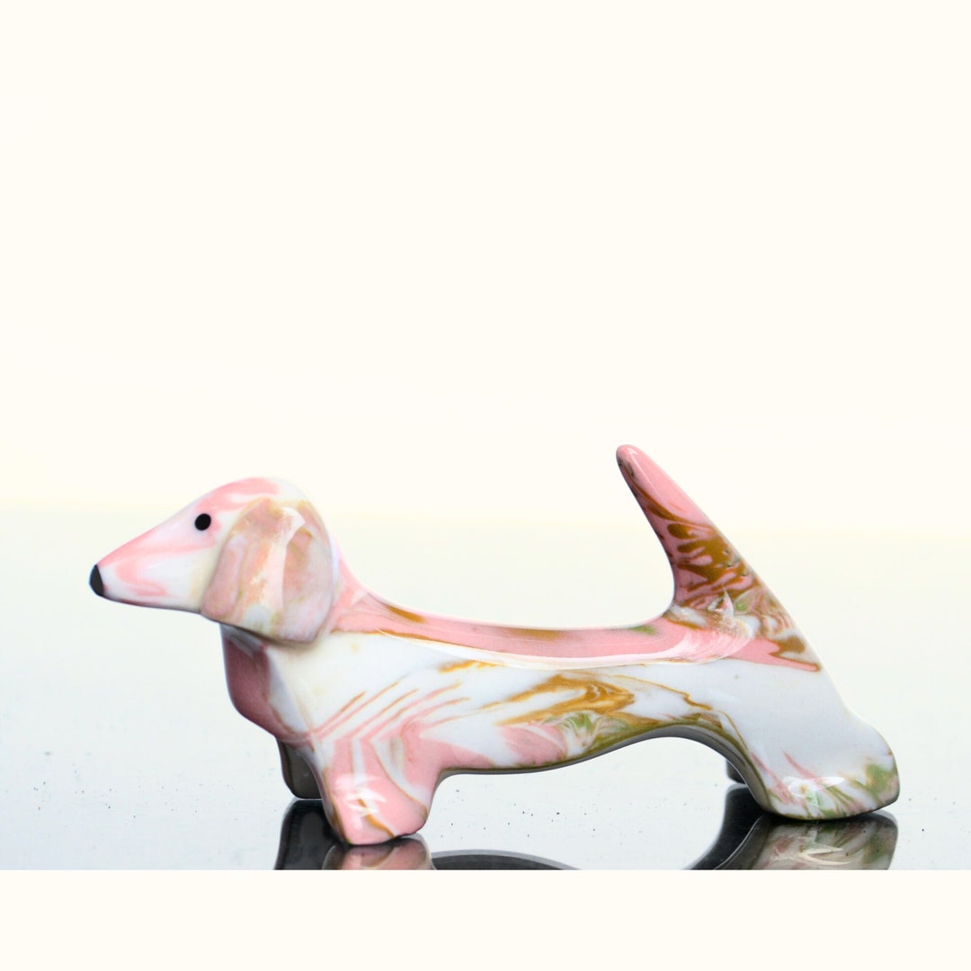 Pink Dachshund Holder, Dog Ring Stand, Porcelain Jewelry