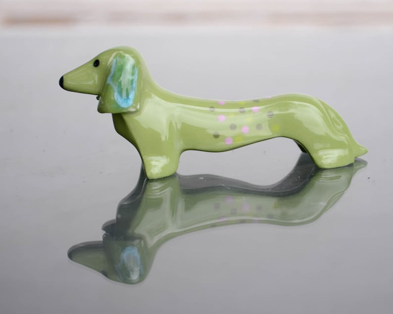 Porcelain Dachshund Gift, Dachshund Art, Dog Lover Gift, Doxie, sausage dog, wiener dog, Beagle, Funny dog tag, Figurine dog art Green