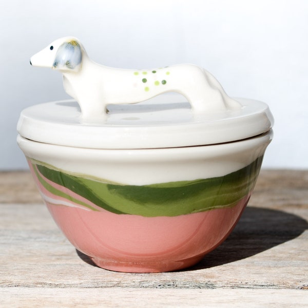 Handmade Ceramic Salt Cellars with Dog Lid, Salt Pigs, Salt Pots, Pink Salt Box with lid , Porcelain Salt Cellar with Wiener Dog, Dachshund