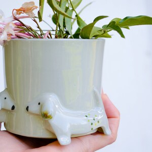 May include: A white ceramic planter shaped like two dachshunds with green accents. The planter is filled with a small green plant with white flowers.
