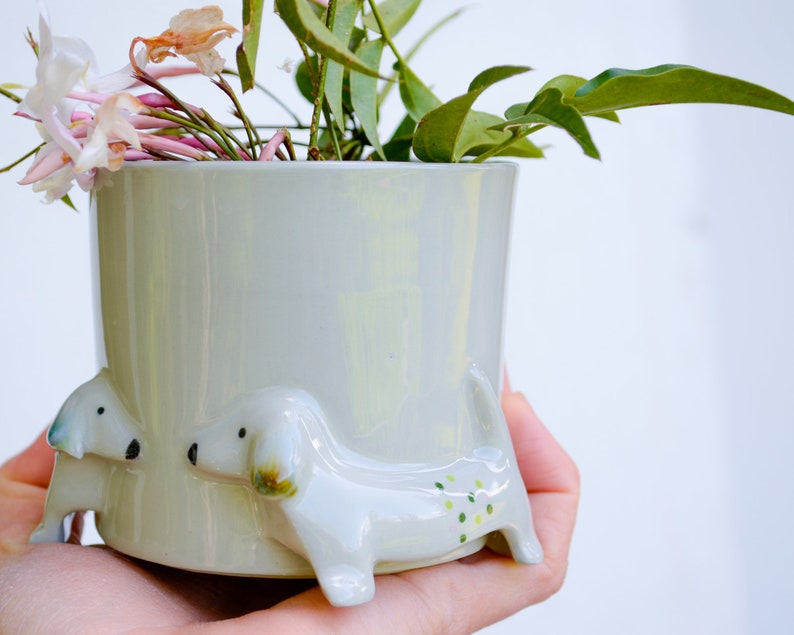 May include: A white ceramic planter shaped like two dachshunds with green accents. The planter is filled with a small green plant with white flowers.