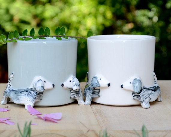 Handcrafted Dachshund Planter, White Ceramic Dog Lover Gift