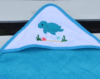 Turtle Embroidered Hooded Towel, Embroidered Bib, Embroidered Pullover Bib, Personalized, Handmade, Birthday Gift, Baby, Pool Towel