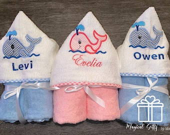 Walvis geborduurde handdoek met capuchon, geborduurd slabbetje, geborduurd truislabbetje, gepersonaliseerd, handgemaakt, verjaardagscadeau, baby, badhanddoek