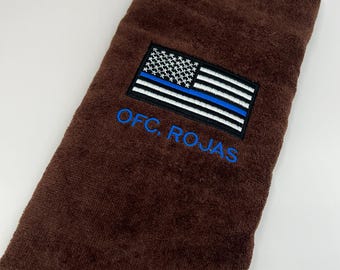 Toalla de mano bordada con línea azul delgada, regalo de apoyo para oficiales de policía y bandera estadounidense