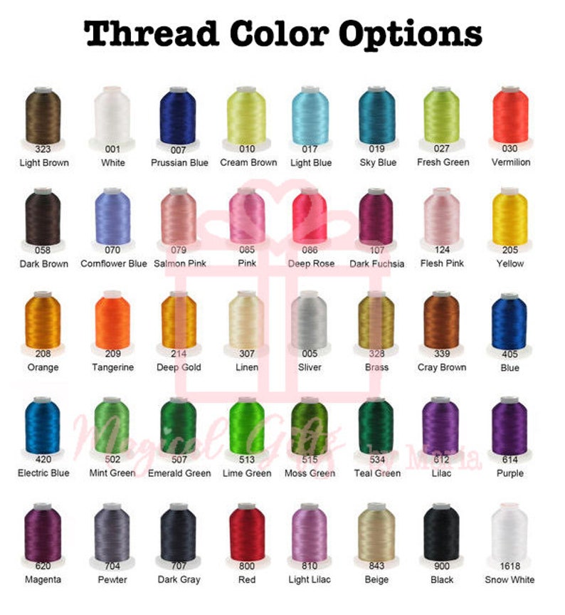 Op de afbeelding: Een kaart met garenkleuren met bijbehorende nummers en namen. De kleuren zijn gerangschikt in rijen en kolommen, waarbij elke kleur wordt weergegeven door een kleine spoel garen. De kleuren omvatten lichtbruin, wit, Pruisisch blauw, cr&egrave;mebruin, lichtblauw, hemelsblauw, frisgroen, vermiljoen, donkerbruin, korenbloemblauw, zalmroze, roze, donkerroze, donker fuchsia, vleeskleurig roze, geel, oranje, mandarijn, donkergoud, linnen, zilver, messing, grijsbruin, blauw, elektrisch blauw, mintgroen, smaragdgroen, limoengroen, mosgroen, tealgroen, lila, paars, magenta, tin, donkergrijs, rood, lichtlila, beige, zwart en sneeuwwit.