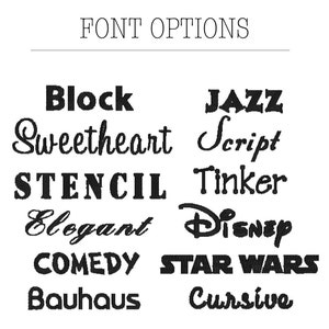 Op de afbeelding: Een lijst met lettertype-opties voor een ontwerp project. De opties omvatten Block, Sweetheart, Stencil, Elegant, Comedy, Bauhaus, Jazz Script, Tinker, Disney, Star Wars en Cursive.