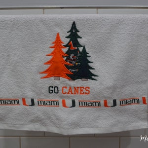 University of Miami Christmas Tree Hand Towel, Kitchen Towel, Bathroom Towel, Embroidered Towel, Handmade, Home Decor