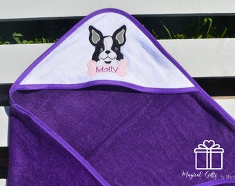 Boston Terriër geborduurde handdoek met kap, hondenpoot, puppy, slabbetje, pullover slabbetje, gepersonaliseerd, handgemaakt, verjaardagscadeau, baby, zwembadhanddoek