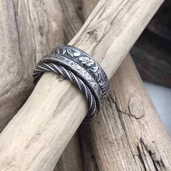 Sterling Silver Stacking Ring Set/Rustic Made-to-order Patterned Etched Engraved Bridesmaid Gift/ Christmas Ring Gift/Engagement Stack Rings