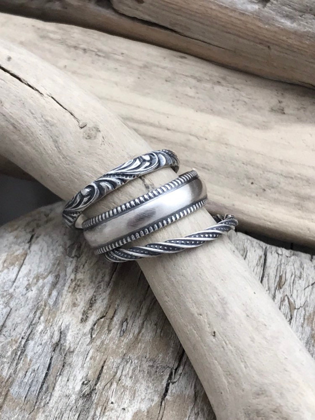 Upstead Rings Sterling Silver Stacking Ring Set/rustic Made-to-order Patterned Etched ...