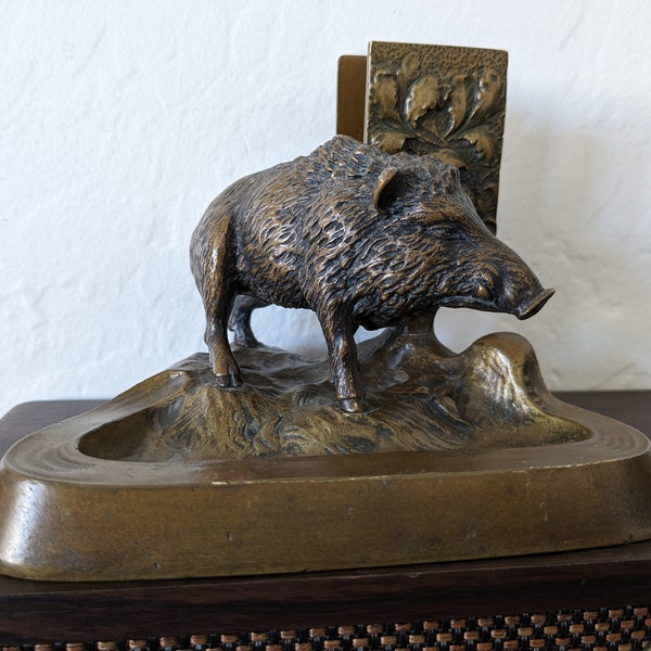 Bronze Wild Boar Design Antique Ashtray With Built In Matchbox Holder