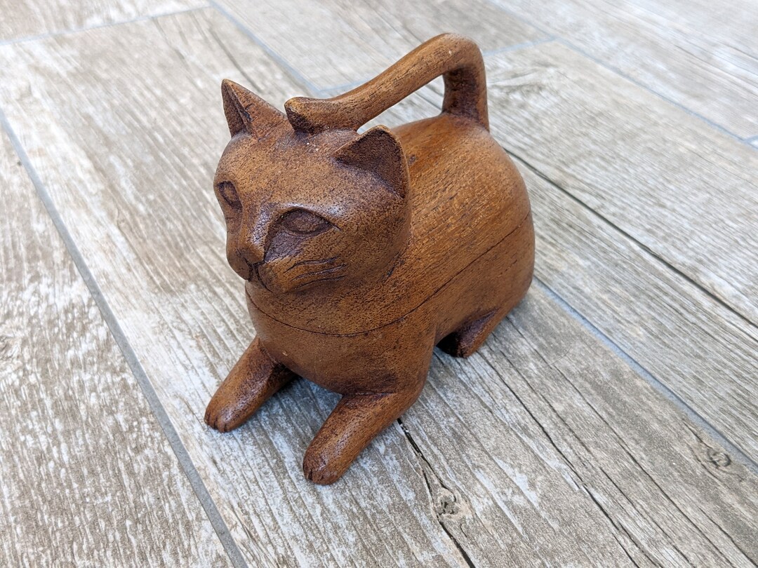 5 Carved Wooden Cat Figurine Wood Box With Lid Etsy