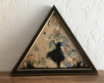 5.5" X 6.5" Antique Hand Painted Little Girl Silhouette Picture With Unusual Triangle Picture Frame