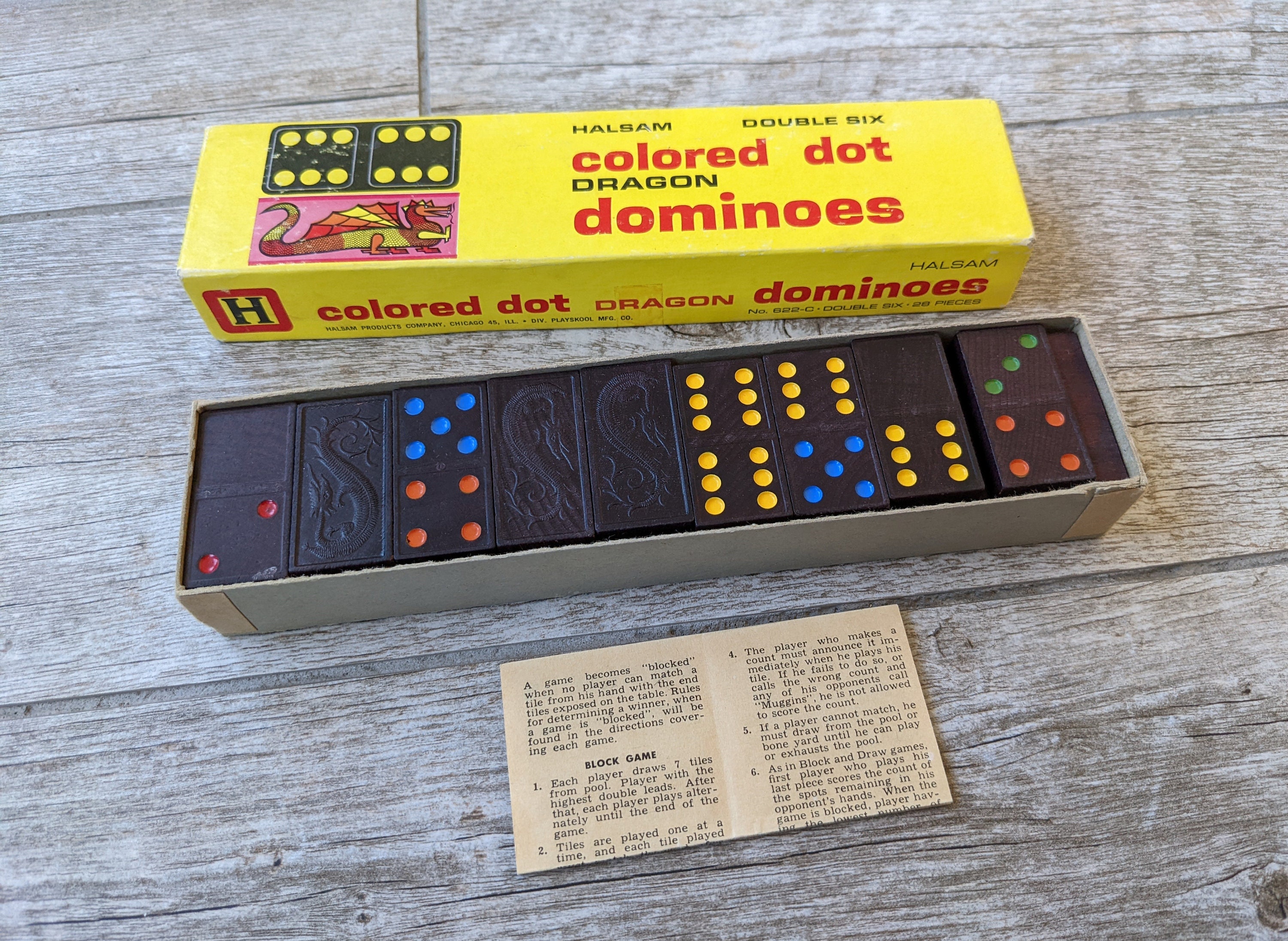 Halsam Double Six Colored Dot Dragon Wooden Dominoes Vintage 