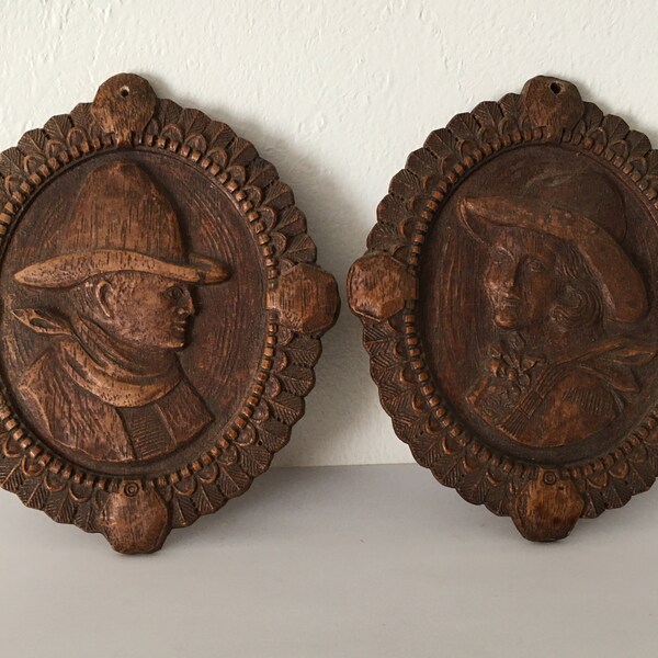 1930s 4.75" Cowboy Cowgirl Western Vintage Wall Hanging Pair