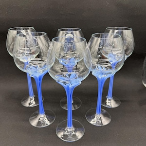 Vintage Blue Stem Wine Glasses Set of 6 | Mid Century Art Glass Goblets | Blue Stemware | Elegant Glassware | 1960s Style