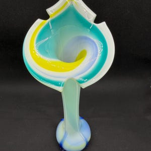 Murano Style Art Glass Vase • Tall Ombre Blue Green Yellow Hand Blown Decorative Vase • Mid Century Modern Italian Glass • Statement Home Dé