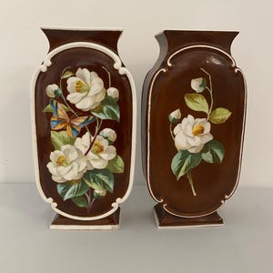 Antique Porcelain Vases / Hard paste / German - Austrian / Camellias & Butterflies / Large Size - 37.5 cm height / approx 2.8 kg weight each
