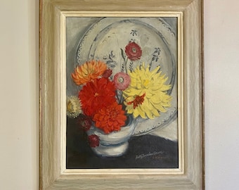 Vintage (1950) Original Oil Painting, Still Life – Flowers & Plate, Hand Made Bespoke Frame, Artist - Betty Durden Green, Signed and Dated