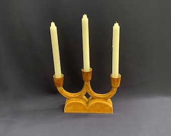 One of a kind Ornament, Vintage Wood Candelabra, Handmade, 3-candle stick, retro rustic décor, boho eclectic style